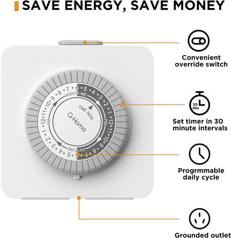 G-Homa Timer Outlet Electric Indoor with 2 Grounded Outlet,Plug-in 24-Hour Mechanical Timers,Daily On/Off Cycle,Energy Saving for Lamps, Seasonal, Christmas Lights and Holiday Decorations (2 Pack)