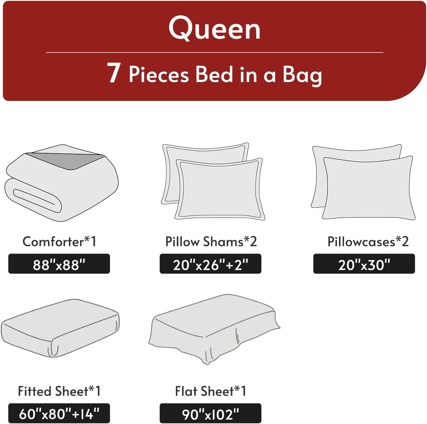 MUXHOMO 7 Pieces Queen Comforter Set, Reversible Bed in a Bag Queen Size, All Season Bedding Set with Comforter, Flat Sheet, Fitted Sheet, Pillowcases & Shams, Red & Black