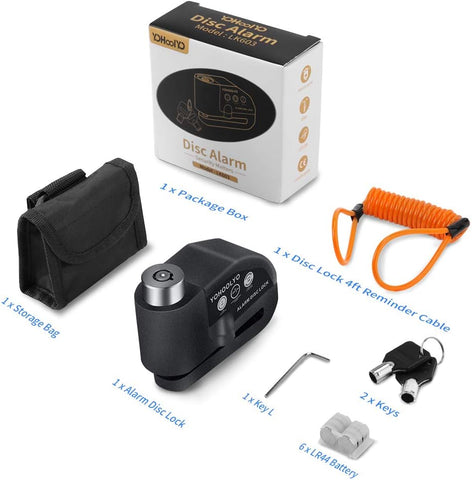 YOHOOLYO Alarm Disc Lock Motorcycle Disc Brake Lock Anti-Theft Waterproof 110 dB 7mm Pin 5ft Reminder Cable for Motorcycles Bike Scooter Carry Pouch (Black)
