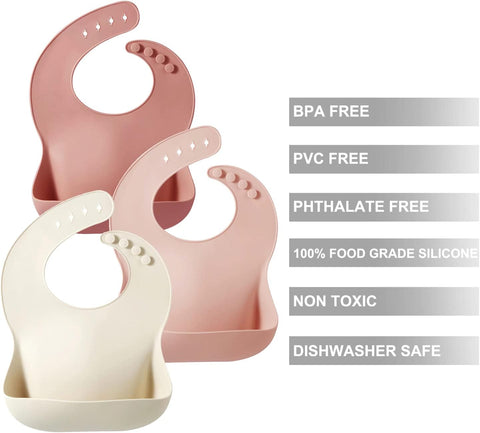 PandaEar Set of 3 Silicone Baby Bibs, Waterproof Soft Adjustable Bibs for Babies Toddlers 10-72 Months