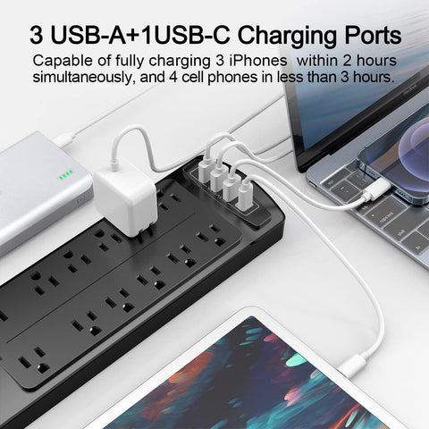 ALESTOR 6 Ft Surge Protector Power Strip with 12 Outlets and 4 USB Ports
