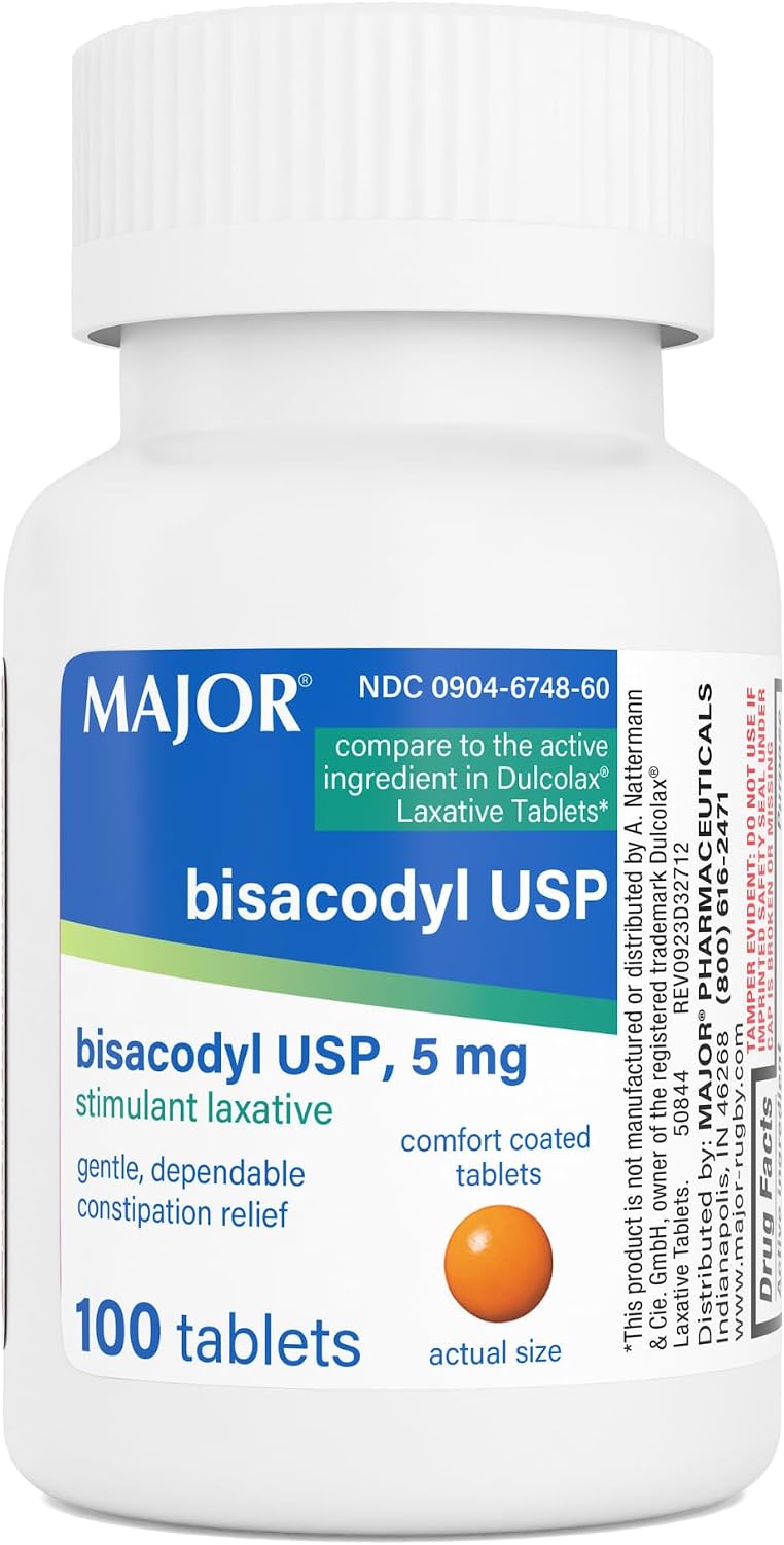 MAJOR Bisacodyl USP 5mg, Gentle Stimulant Laxative Tablets for Occasional Constipation Relief & Irregularity, 100 Count (1-Pack)