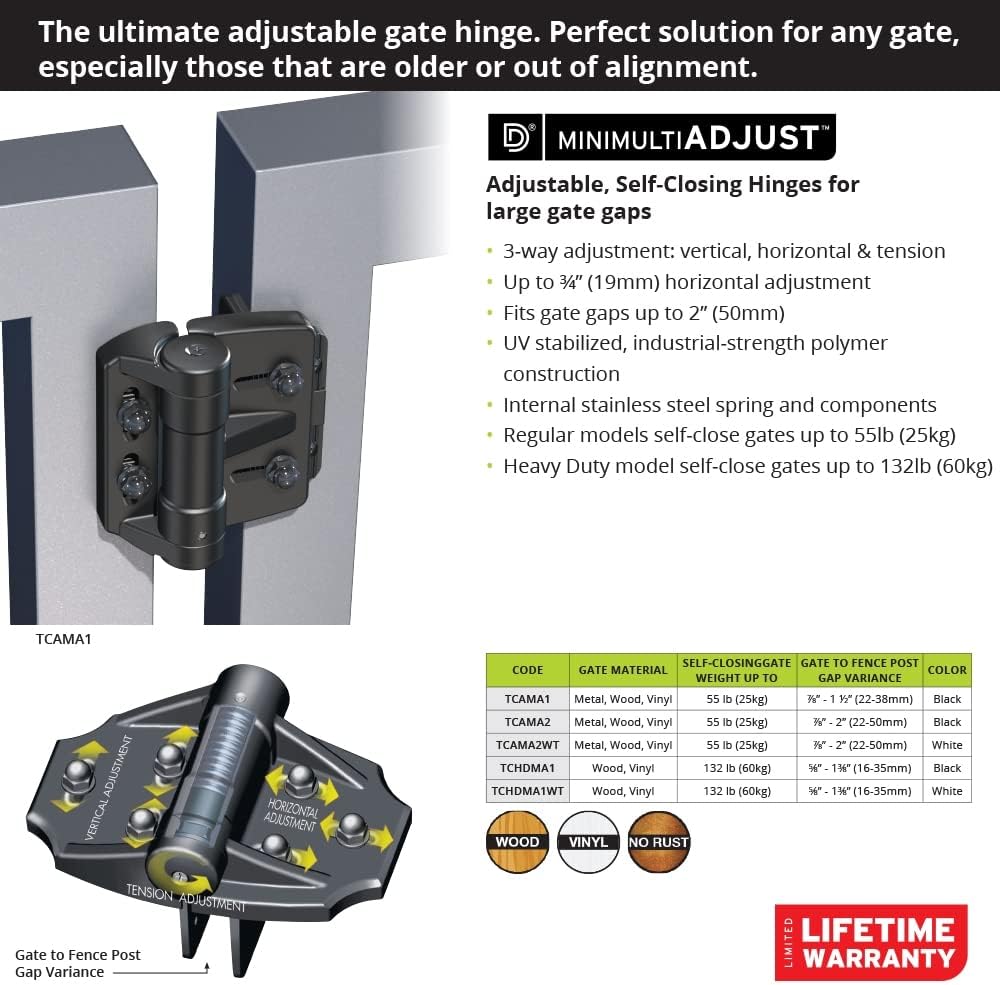 D&D TCAMA1 TruClose Mult-Adjust Gate Hinge Square Gates, Black, 2 pcs