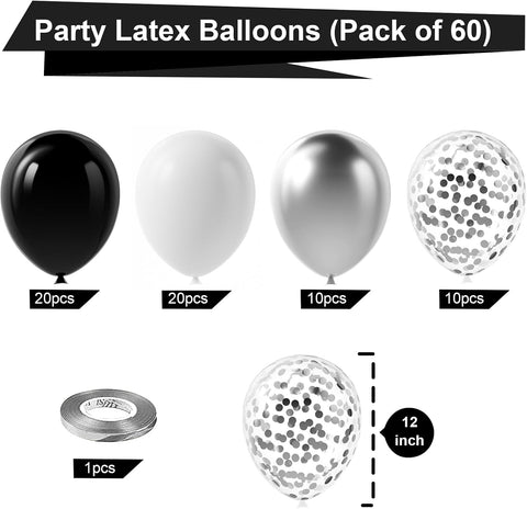 Bezente Black Silver and White Confetti Balloons Set 60pcs 12 inch