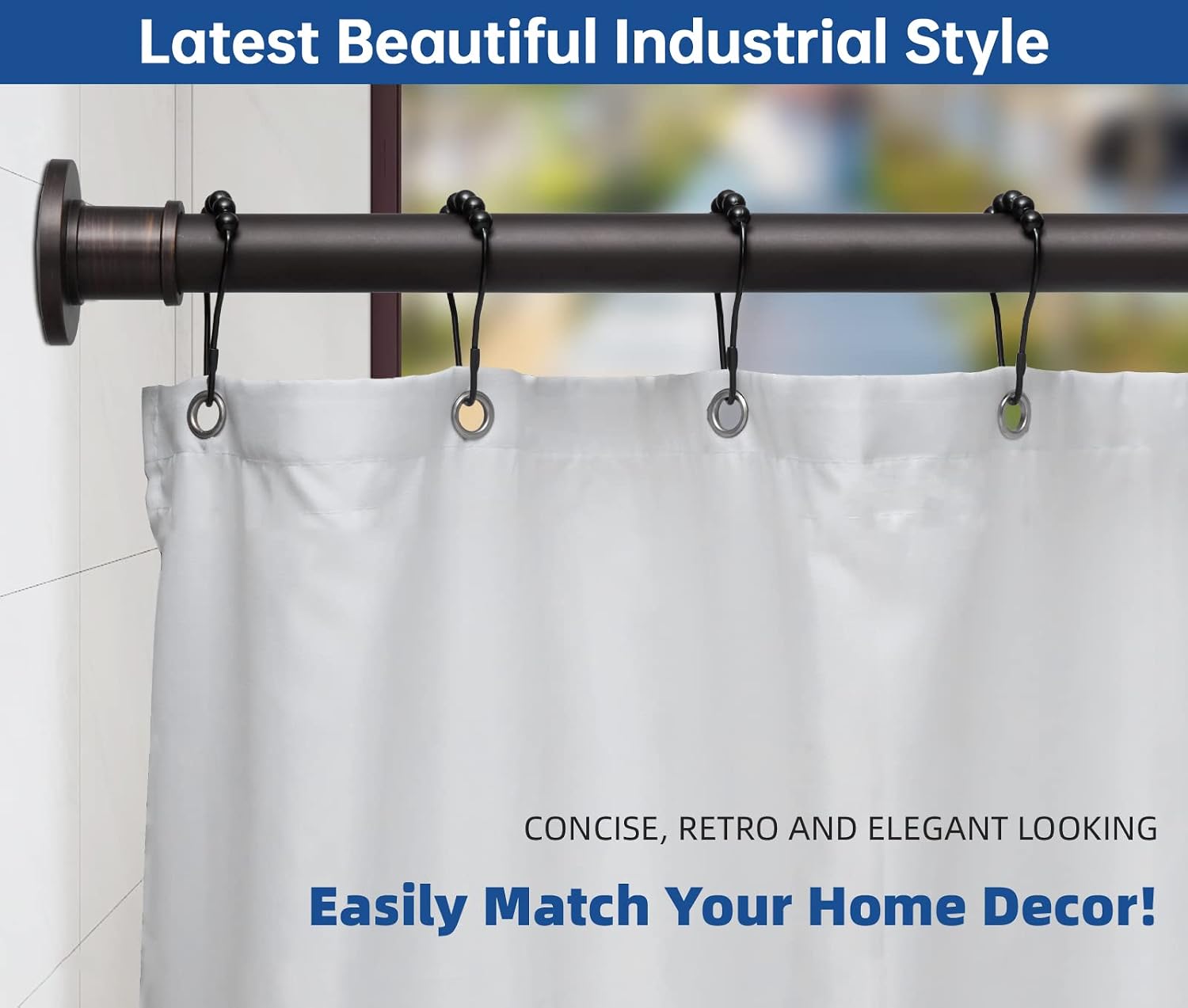 BRIOFOX Industrial Shower Curtain Rod - Never Rust Non-Slip 43-72 Inch Stainless Steel, Bronze, Painted-gold Finial