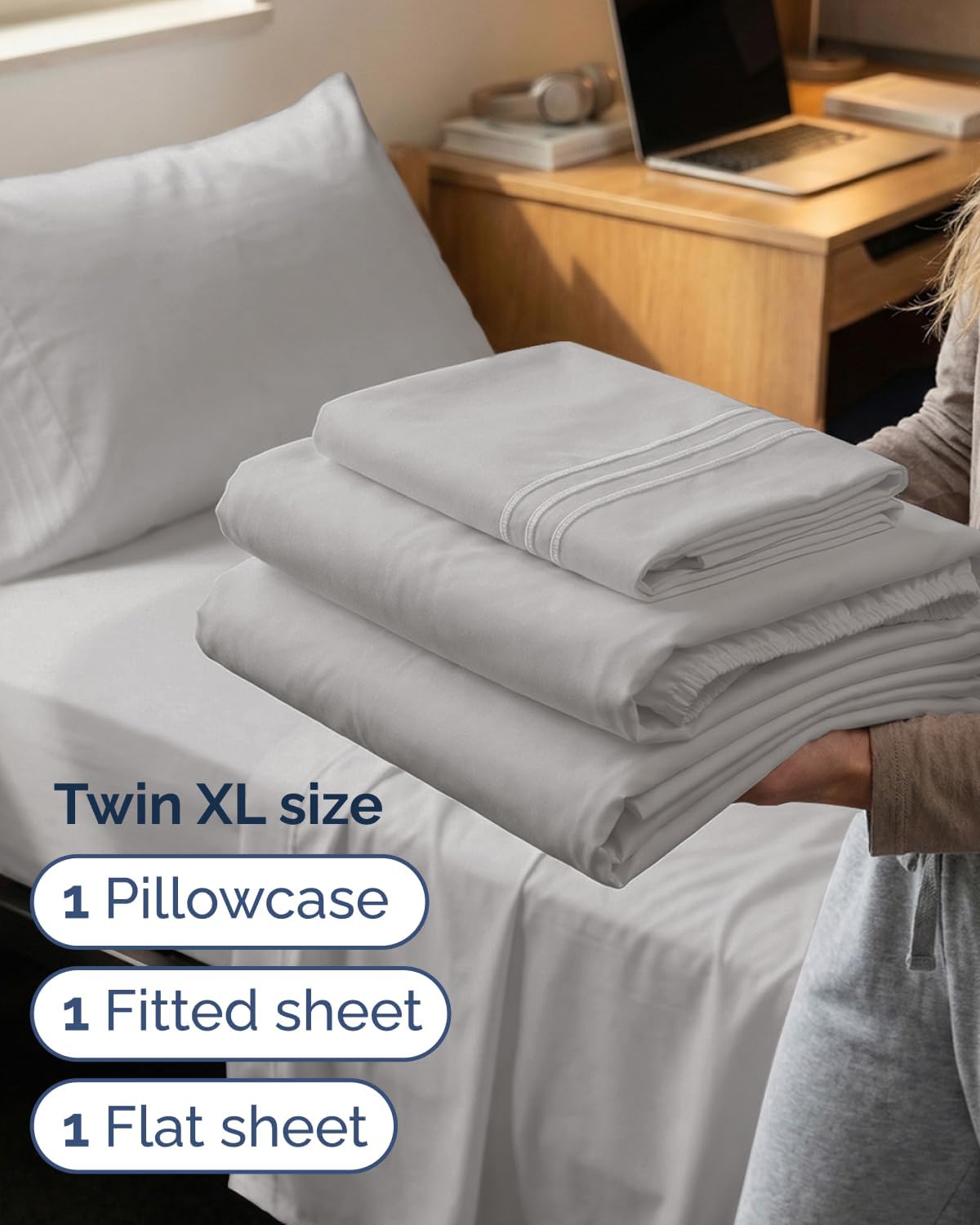 Twin XL 3 Piece Sheet Set - College Dorm Room Essentials - French Grey
