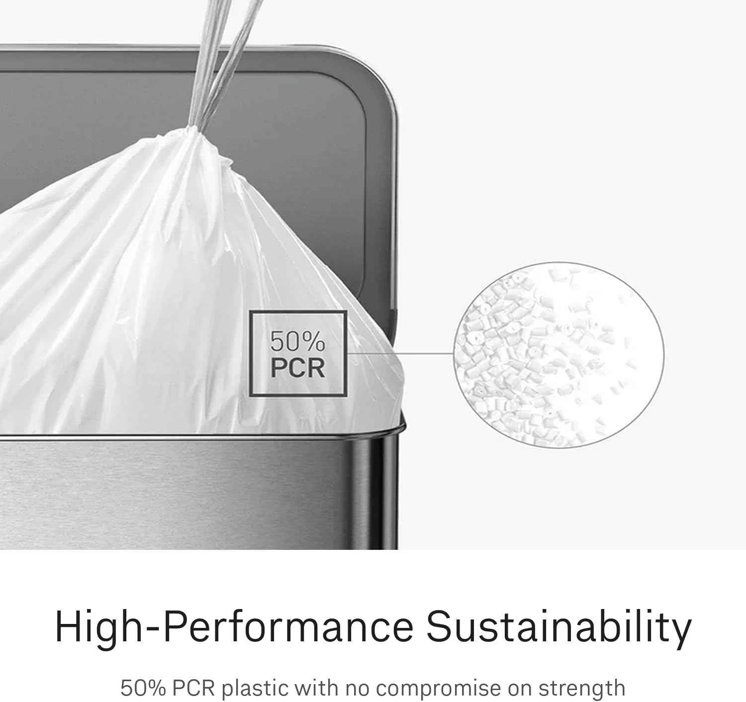 simplehuman Code H 200 Count Custom Fit Liners, Drawstring Kitchen Trash Bags, One-by-One Mess-Free Dispense, Extra Thick & Double Seamed, 50% PCR Plastic, 30-35 Liter / 8-9 Gallon, White