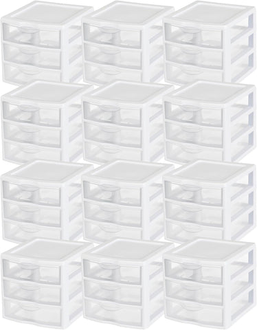Sterilite Clearview 3-Drawer Cart Small Plastic Storage Organizer, 12-Pack