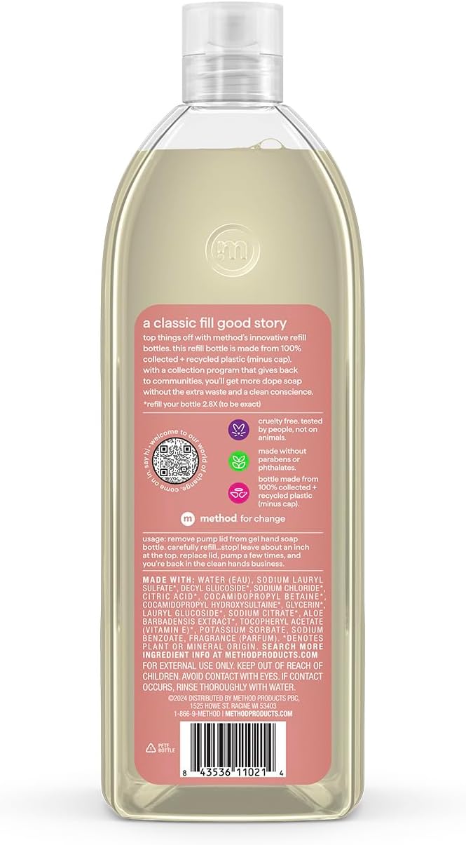 Method Premium Gel Hand Soap Refill, Vanilla + Raspberry, Recyclable Bottle, 34 fl oz (Pack of 4) (Packaging May Vary) | Refills Up to 3X, Hydrates and Softens Skin, Designed for Gentle Everyday Cleansing