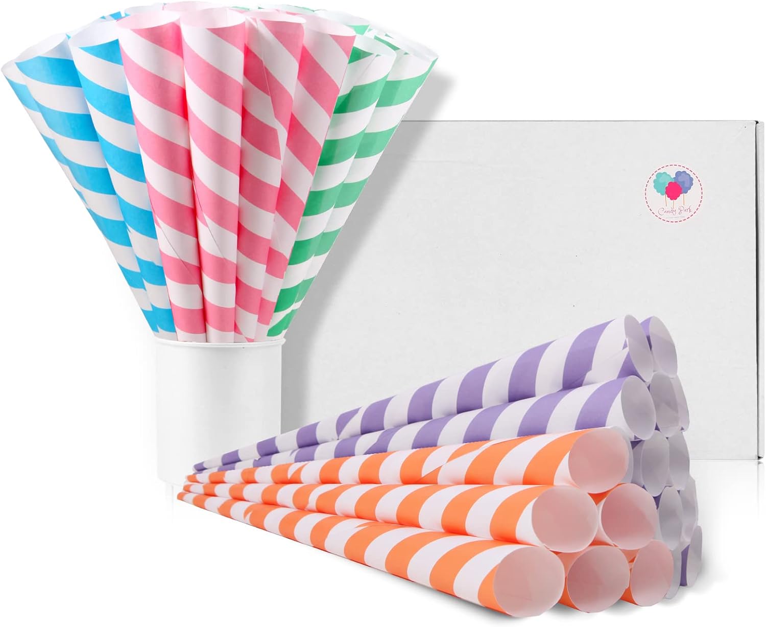 Cotton Candy Cones 100 Pack Carnival Theme - Candy Park Multicolor Paper Cones, For Cotton Candy Machines & Candy Floss Sugar, Party Supplies for Birthday, Easter, Celebrartions & Consession Stand