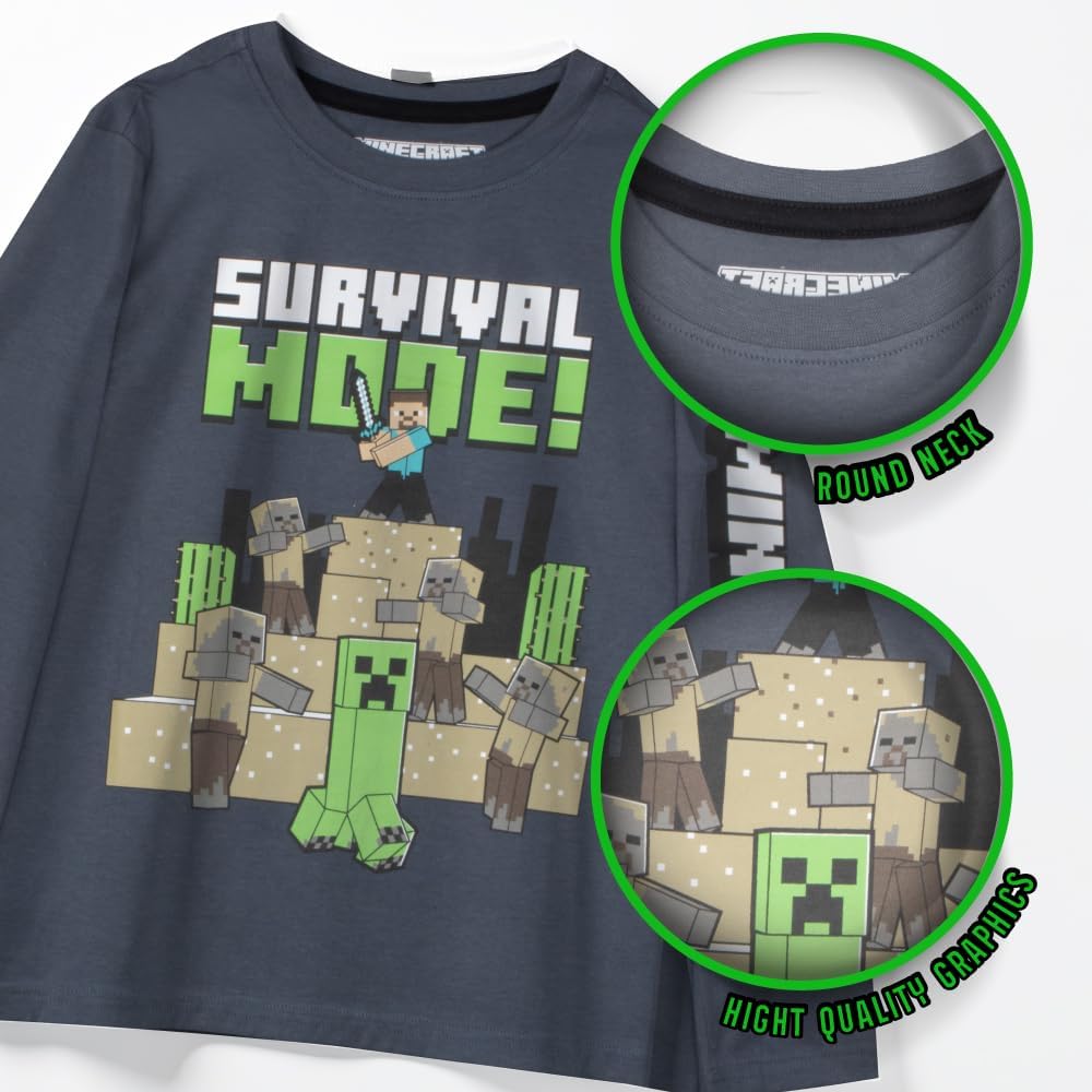Minecraft Boy's T-Shirt 3-Pack - Long Sleeve, Graphic Print, Soft Cotton, Gaming Tees for Kids