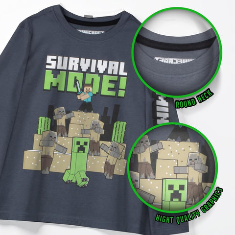 Minecraft Boy's T-Shirt 3-Pack - Long Sleeve, Graphic Print, Soft Cotton, Gaming Tees for Kids