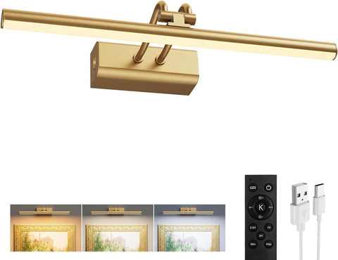 Picture Light for Wall, Gold, RF Remote, USB Charging