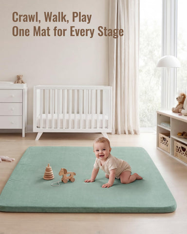 Blissful Diary 1.3" Thick Baby Play Mat, 50x50 Playpen Mat with Removable & Washable Cover, Ultra Soft Crawling Rug for Floor, Foam Cushion & Non-Slip Backing for Kid, Toddler and Infant, Sage Green