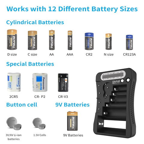 Dlyfull Battery Tester for AA AAA C D 9V, Button Cell & Household Batteries