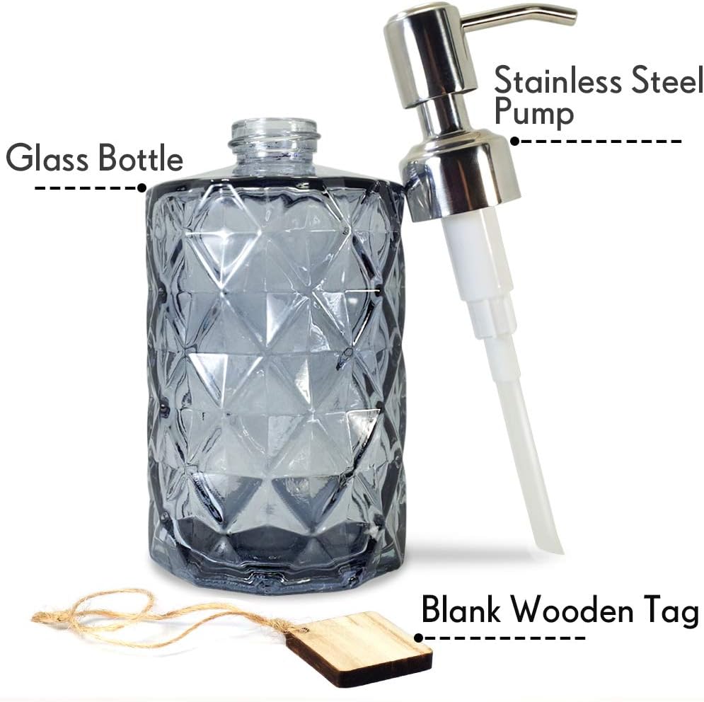 JASAI 12Oz Diamond Grey Glass Soap Dispenser with 304 Rust Proof Soap Pump