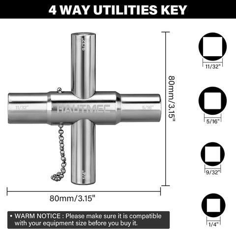 HAUTMEC 4 Way Sillcock Water Key, 1/4", 9/32", 5/16", 11/32" Steel Multi-Function Utility Key for Sillcocks Faucets Valves Spigots PL0028