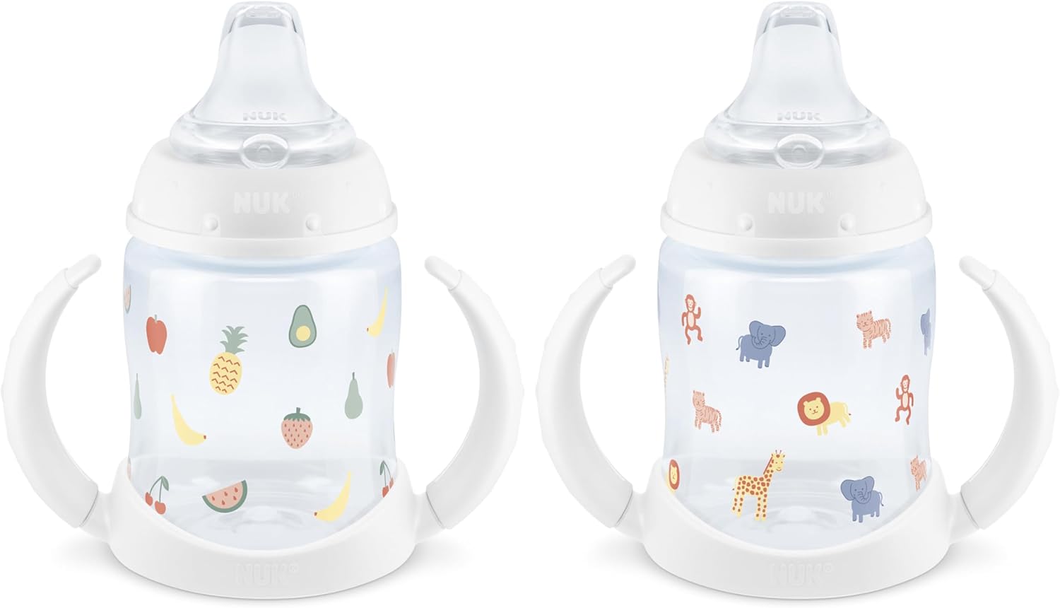 NUK Learner Cup, 6+ Months, Fun Fruits and Animals, Amazon Exclusive Collection, 5 Oz, Pack of 2 – BPA Free, Soft Spout, Spill Proof Sippy Cup