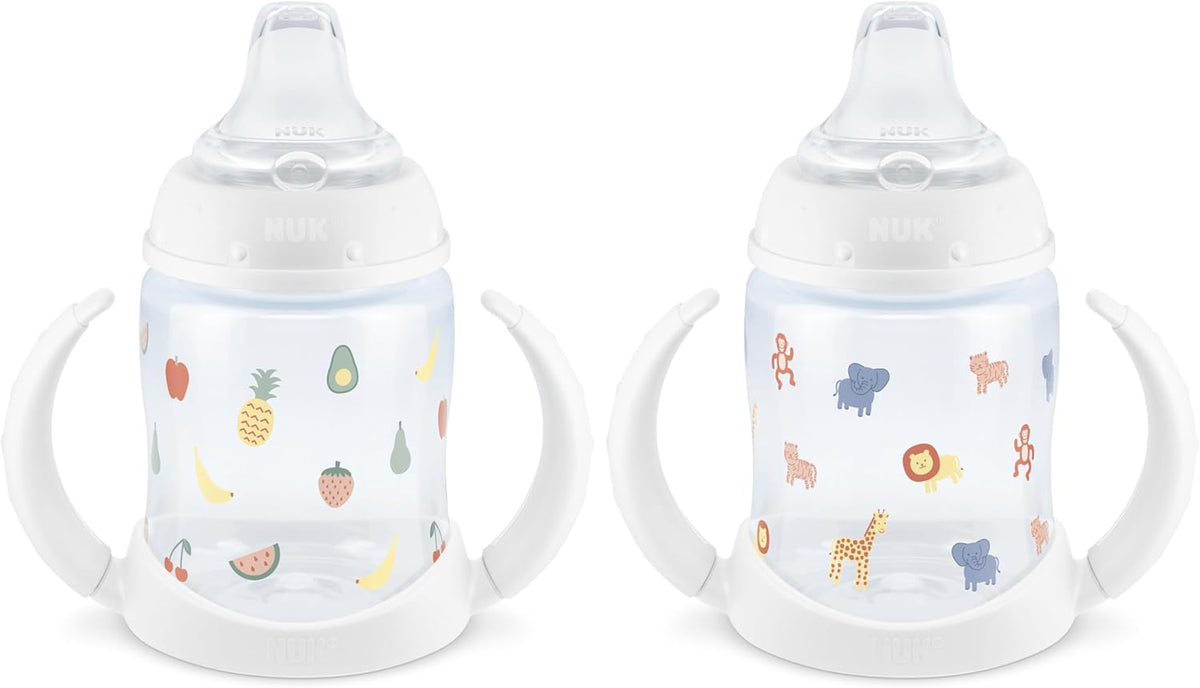 NUK Learner Cup, 6+ Months, Fun Fruits and Animals, Amazon Exclusive Collection, 5 Oz, Pack of 2 – BPA Free, Soft Spout, Spill Proof Sippy Cup