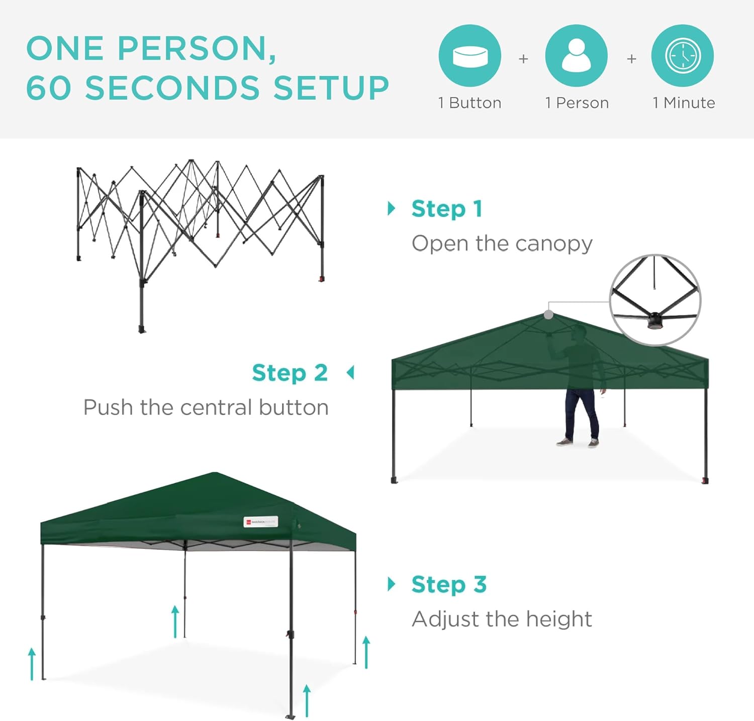 Best Choice Products 8x8ft Pop Up Canopy Tent, Outdoor Shade, 1 Person 1 Minute Set Up, Carry Case, 4 Weight Bags - Forest Green
