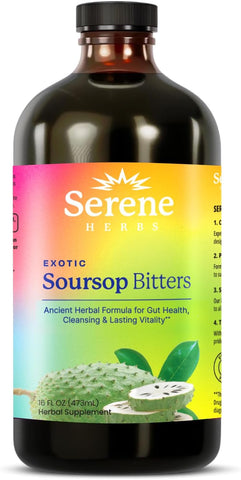 Serene Herbs Soursop Bitters Liquid with Soursop Leaves for Gut Cleanse, Detox & Immune Boost with Black Seed, Moringa, Irish Moss, Ashwaganda, Turmeric, 16 fl oz (16 Fl, Soursop)