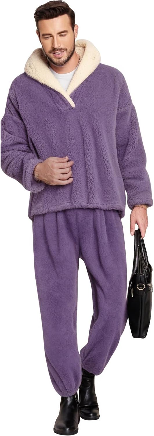 Mens Fluffy Coral Fleece Pajamas Set Pullover Pants Loose Plush Warm Loungewear Sleepwear