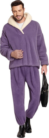 Mens Fluffy Coral Fleece Pajamas Set Pullover Pants Loose Plush Warm Loungewear Sleepwear