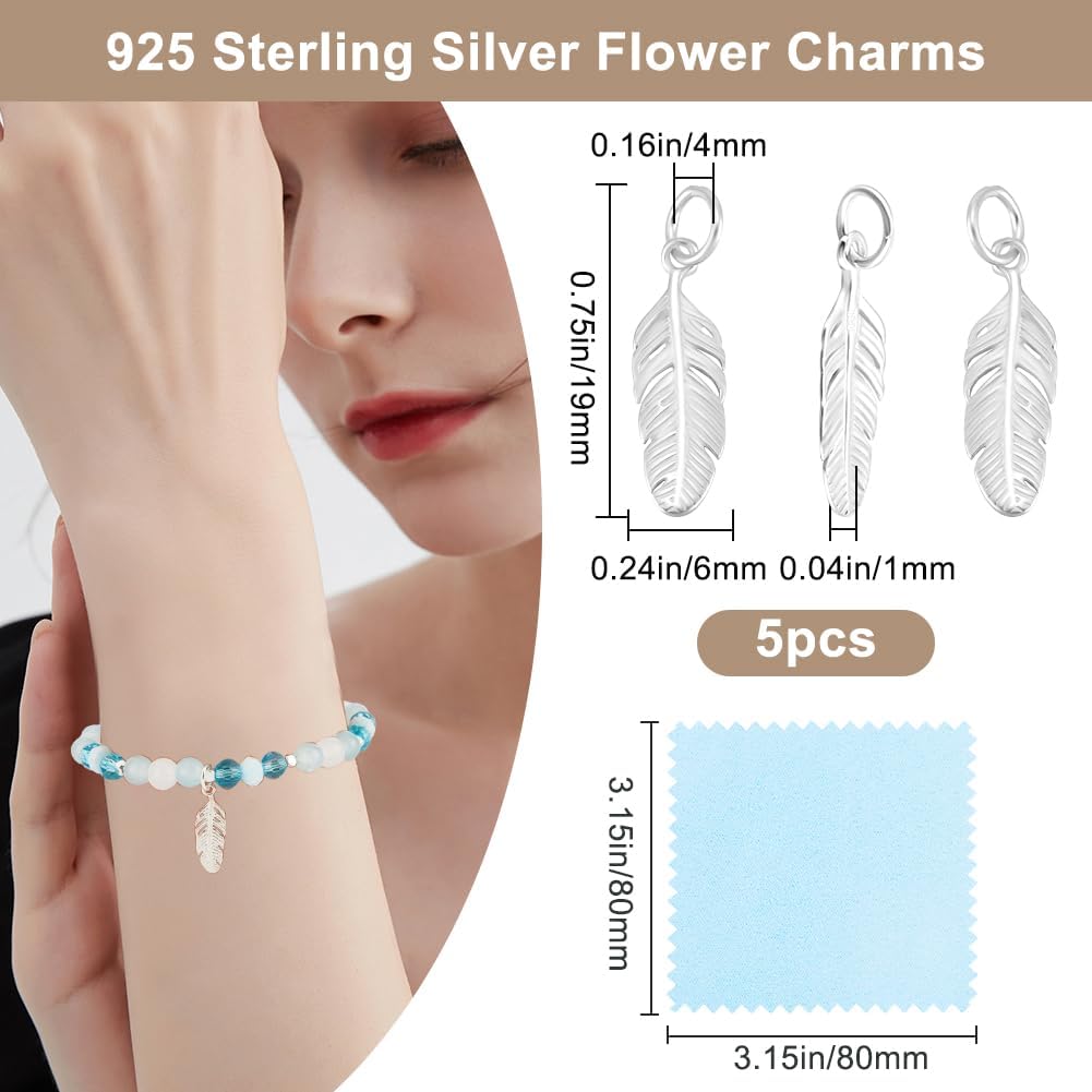 Beebeecraft 1 Box 5Pcs 925 Sterling Silver Feather Charms Antique Tibetan Style Plumage Feathers Shaped Mini Charm with Polishing Cloth for Jewelry Making Pendants Necklace Bracelet DIY Craft Supplies
