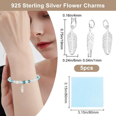 Beebeecraft 1 Box 5Pcs 925 Sterling Silver Feather Charms Antique Tibetan Style Plumage Feathers Shaped Mini Charm with Polishing Cloth for Jewelry Making Pendants Necklace Bracelet DIY Craft Supplies
