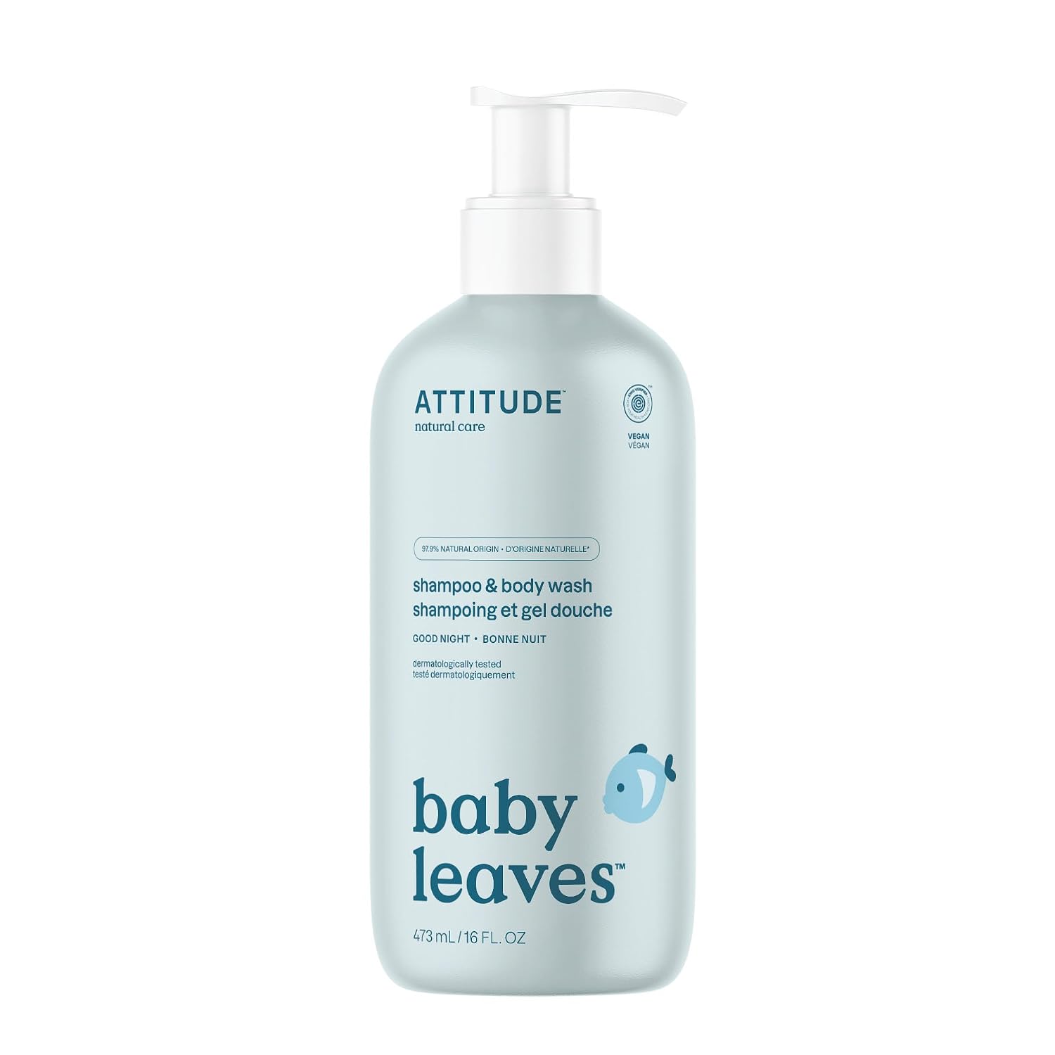 ATTITUDE Baby Shampoo, Body Wash & Soap 2-in-1, Good Night, 16 Fl Oz