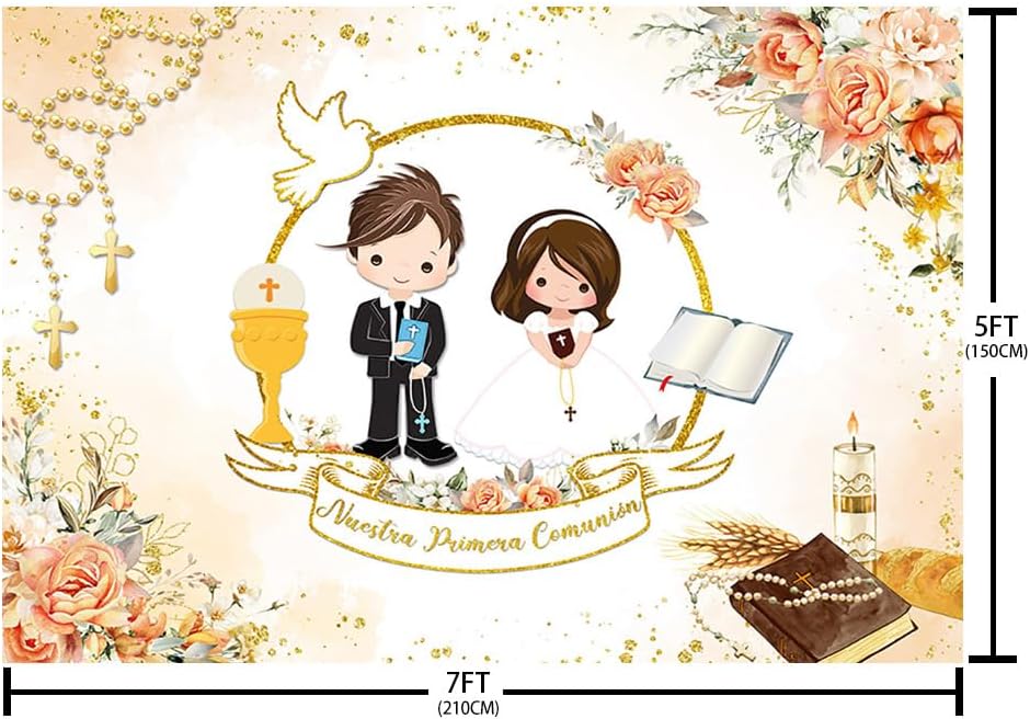 AIBIIN 7x5ft Mi Primera Comunion Backdrop for Twins Nuestra Primera Comunión God Bless Baptism Party Decoration Christening Ceremony Mi Bautizo Banner Chalice Floral Photography Background Photo Props