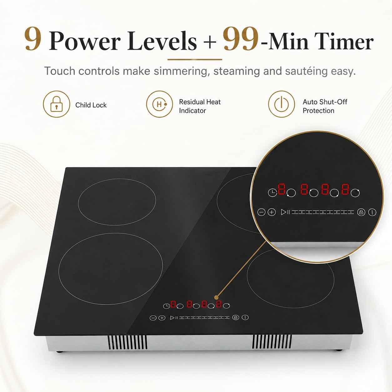 24 Inch Electric Cooktop, 4 Burners Built-in Electric Stove Top Hot Plate 3000W Drop-in Ceramic Cooktop Kitchen Stoves with Touch Control Safety Lock Timer 110-120v (Hard Wired No Plug)