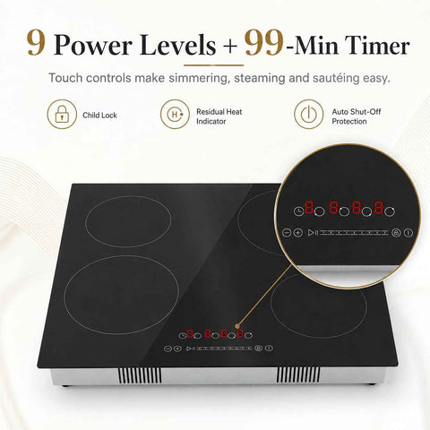24 Inch Electric Cooktop, 4 Burners Built-in Electric Stove Top Hot Plate 3000W Drop-in Ceramic Cooktop Kitchen Stoves with Touch Control Safety Lock Timer 110-120v (Hard Wired No Plug)