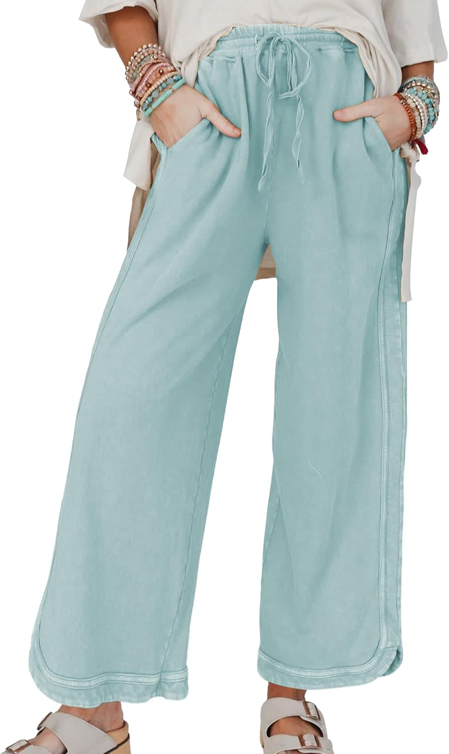 Hixiaohe Women's Casual Wide Leg Sweatpants High Waist Baggy Acid Wash Pants Drawstring Athletic Palazzo Pants with Pockets