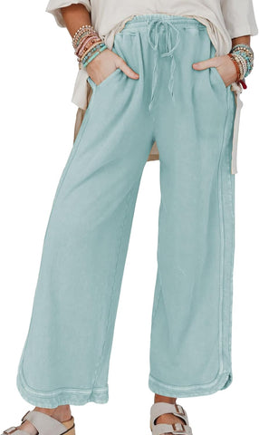 Hixiaohe Women's Casual Wide Leg Sweatpants High Waist Baggy Acid Wash Pants Drawstring Athletic Palazzo Pants with Pockets