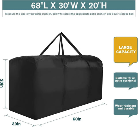 Patio Water-Resistant Extra Large Protective Zippered Outdoor Cushion Furniture Storage Bag with Handles, 68in L x 30in W x 20in H (1 Pack)
