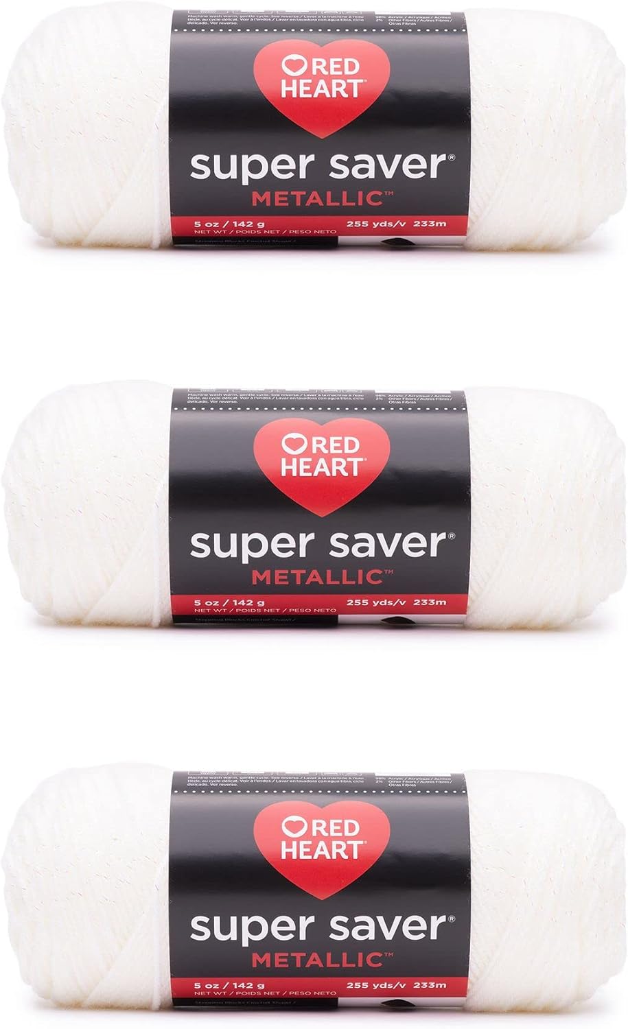 Red Heart Super Saver Metallic Yarn for Crocheting, White, 3-Pack
