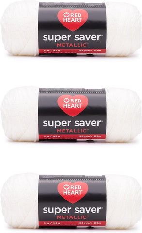 Red Heart Super Saver Metallic Yarn for Crocheting, White, 3-Pack