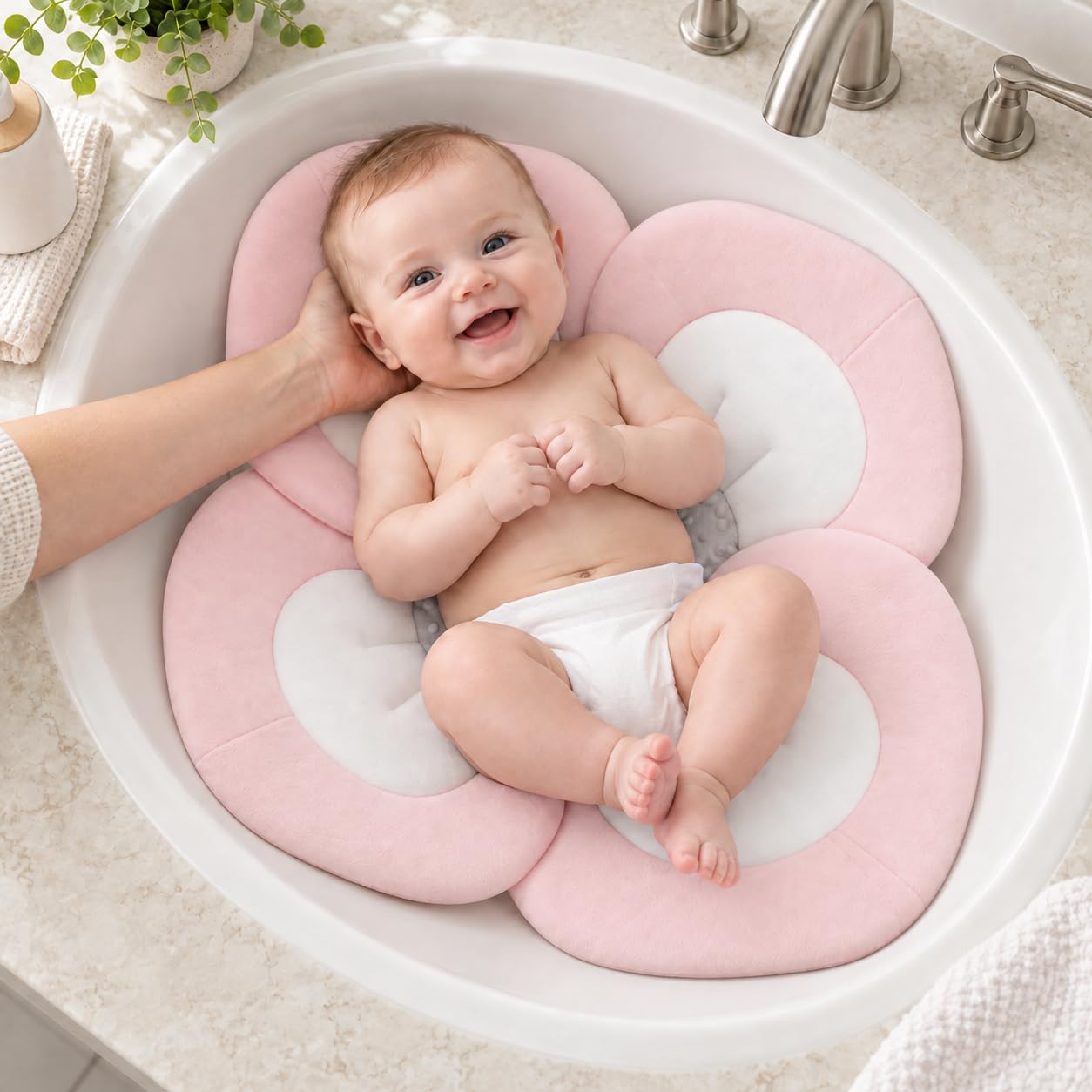 PandaEar Baby Bath Pad for Infant Newborn | Soft Flower Petals for Sink Bathtub Essentials Shower Gift (Pink)