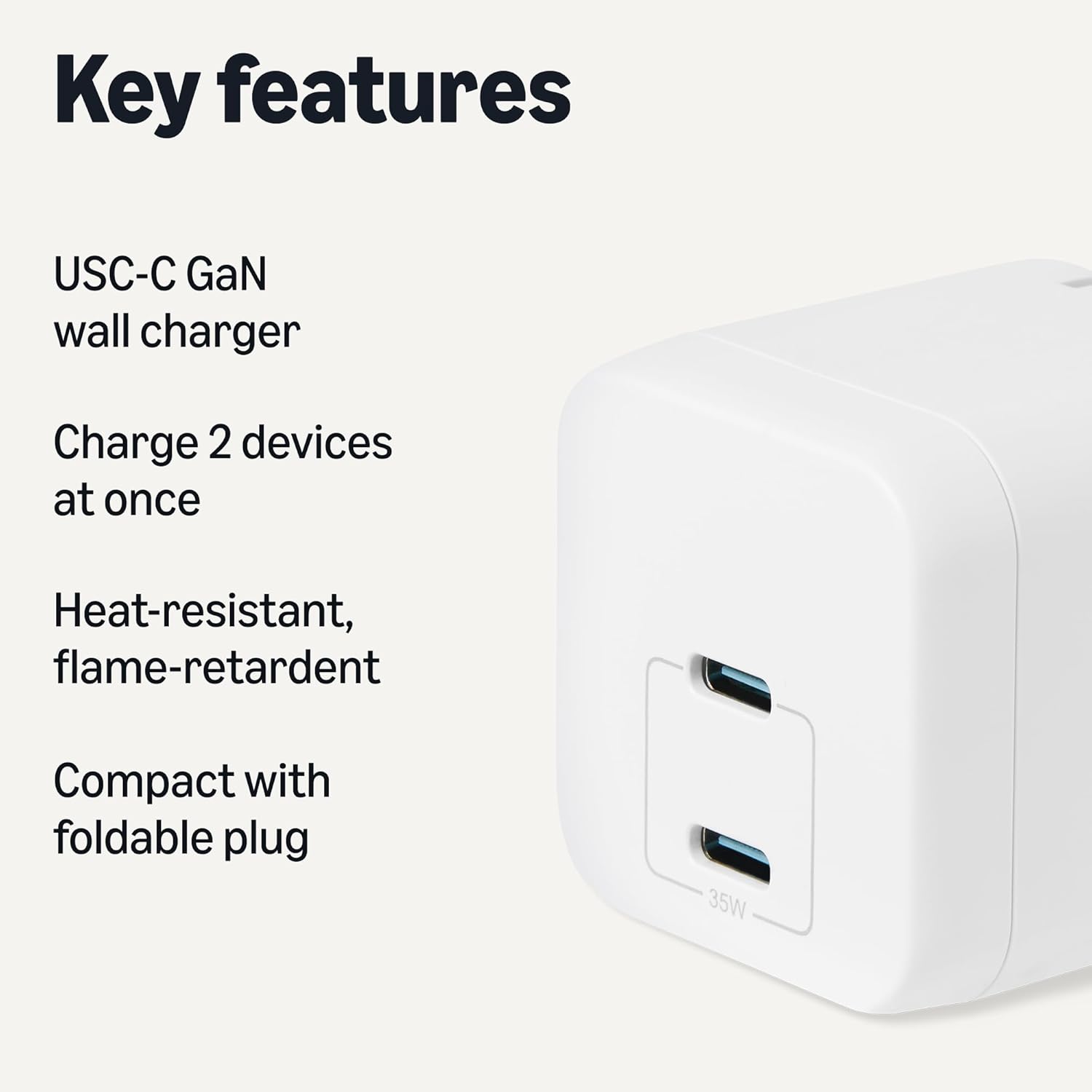 Amazon Basics 35W Fast Charging USB-C Nano GaN Wall Charger, 2-Port for Phones, Tablets, Charge 2 Devices Simultaneously, White