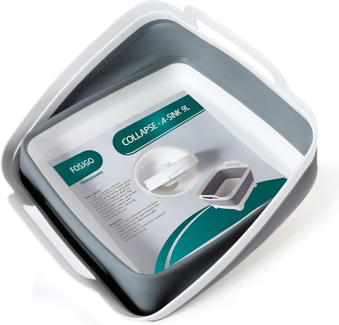 FOSJGO Collapsible Dish Basin with Drain Plug, Foldable Sink, 2.4 Gal (9L)