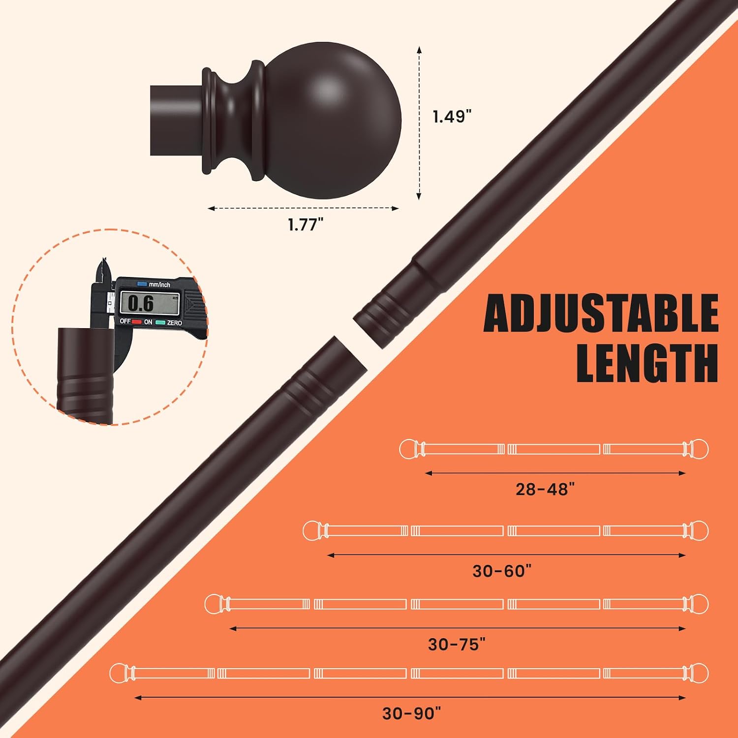 Curtain Rods for Windows 30 to 60 Inch, 5/8 Inch Heavy Duty Decorative Curtain Rod with Ball End Caps, Adjustable Brackets. Easy to install. Brown.