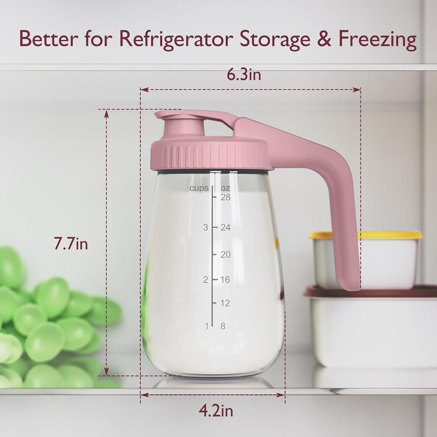 Momcozy Breast Milk Pitcher, Glass Storage Container Wide Mouth, 32oz Pink