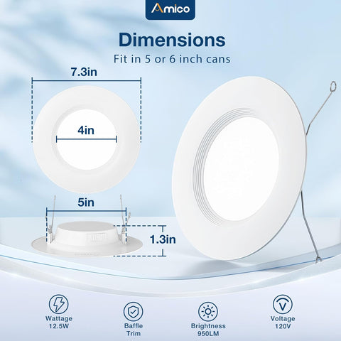 Amico 24 Pack 5/6 inch LED Recessed Lighting, Retrofit Can Lights, White