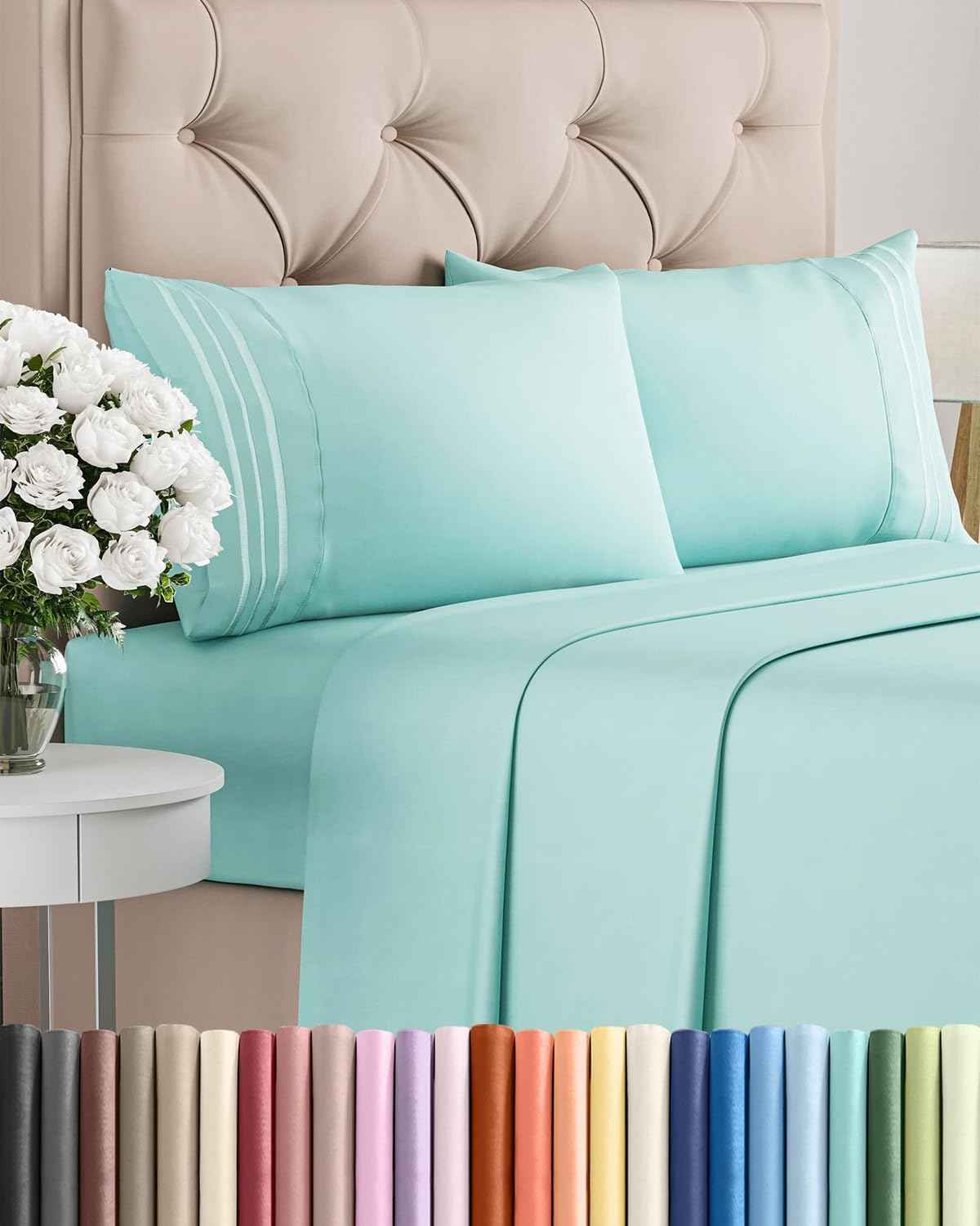 King Size 4 Piece Sheet Set - Comfy Breathable & Cooling Sheets - Spa Blue