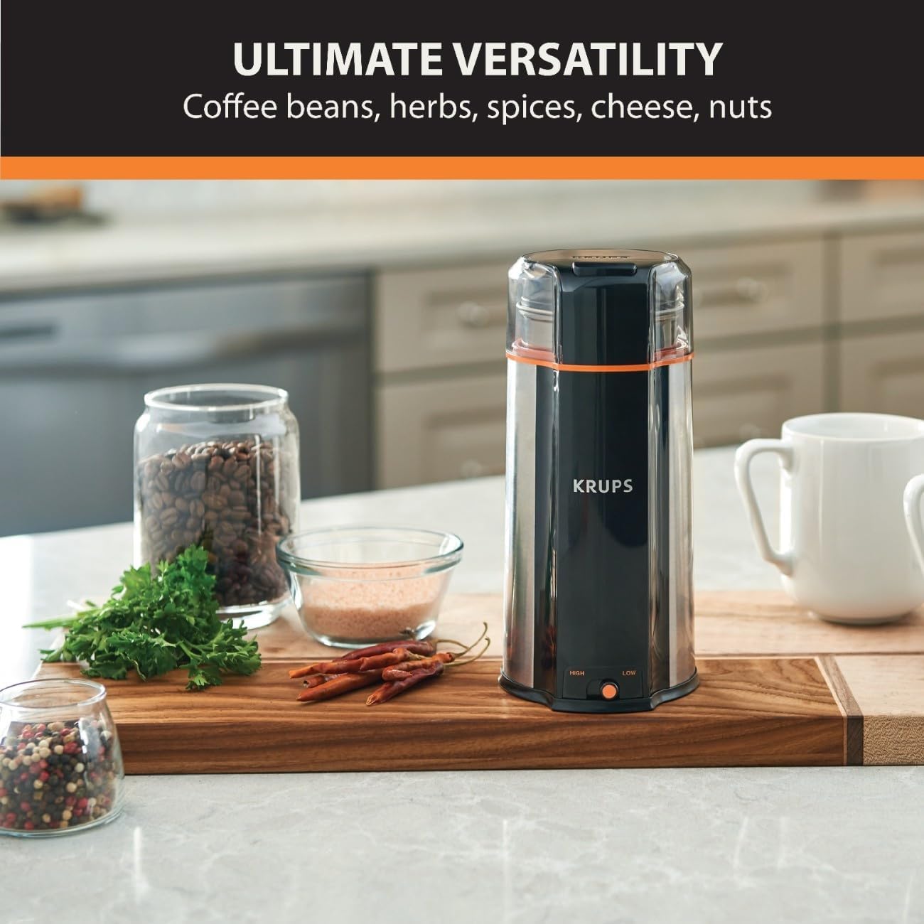 Krups, Coffee Grinder, Ultimate Silent Vortex Plastic and Stainless Steel Grinder with Removable Bowl Mess-Free, 8 Times Quieter, 2 Speeds 240 Watts, Dry Herbs, Dishwasher Safe, 12 cups ground Silver
