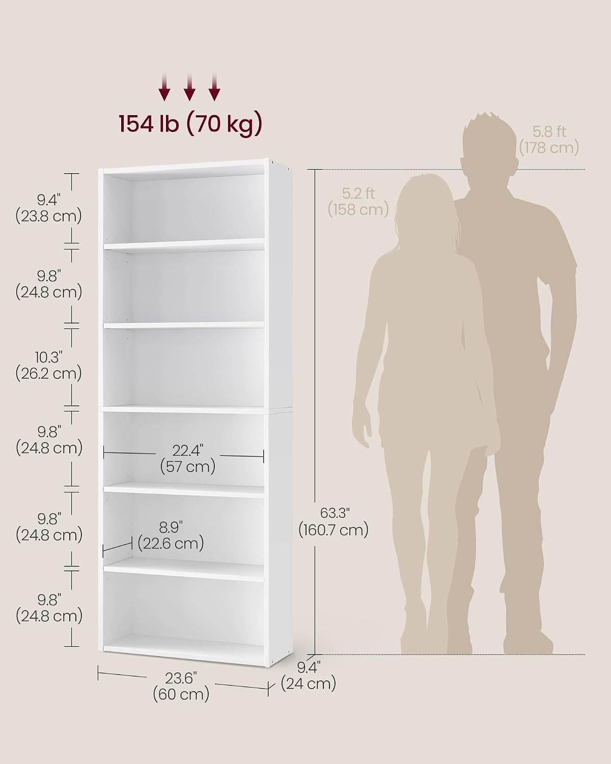VASAGLE Bookshelf, 23.6 Inches Wide, 6-Tier Open Bookcase with Adjustable Storage Shelves, Floor Standing Unit, Cloud White ULBC166T14