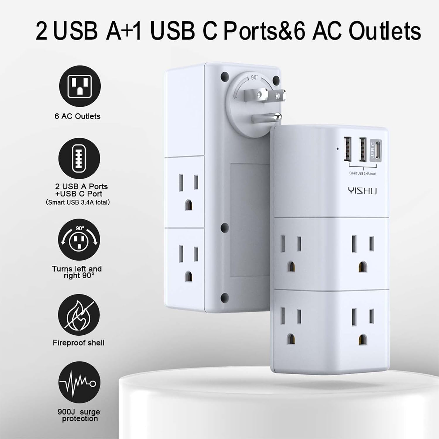 USB Multi Plug Outlet Extender - YISHU Surge Protector with Rotating Plug, 6 AC Plug Extender with 3 USB Ports, 3-Sided Swivel Power Strip Best Ideal Stocking Stuffers for Adults
