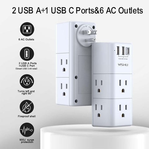 USB Multi Plug Outlet Extender - YISHU Surge Protector with Rotating Plug, 6 AC Plug Extender with 3 USB Ports, 3-Sided Swivel Power Strip Best Ideal Stocking Stuffers for Adults