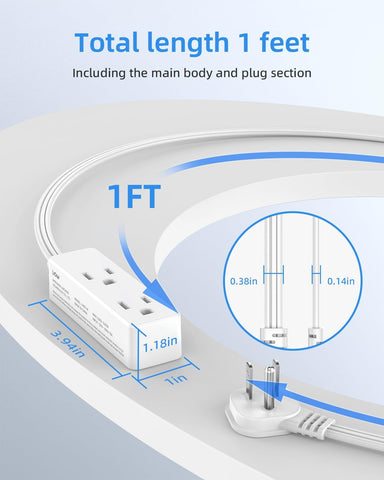 Flat Plug Extension Cord with 3 Outlets - 1 ft White Low Profile Indoor 3 Prong Grounded Power Strip for Home Office & Travel - 16/3 AWG, 13A/1625W